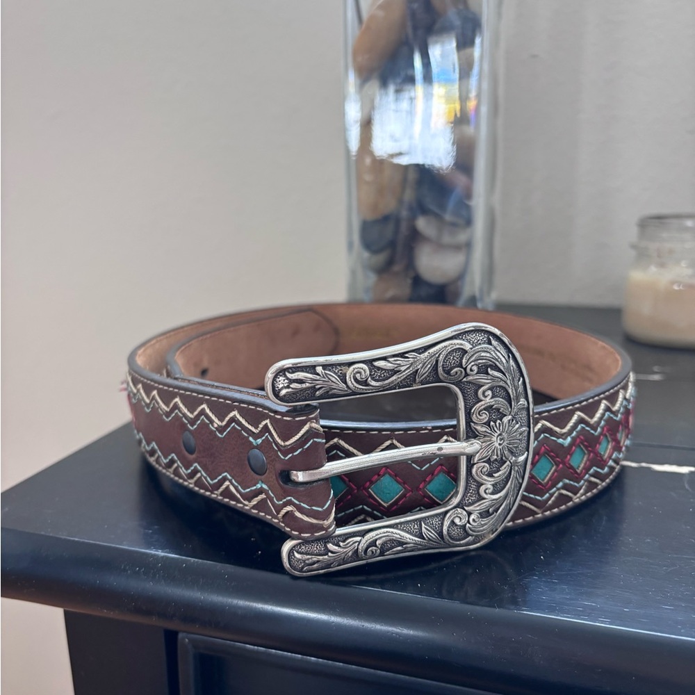 Ariat Brown Belt with Silver Buckle and Multicolor Accents